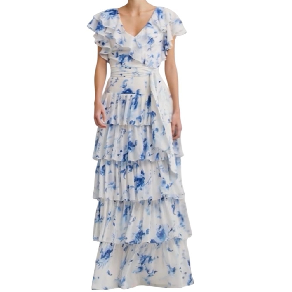 NWT LAUREN RALPH LAUREN Short Sleeve Belted Waist Tiered Ruffle Dress Size 6